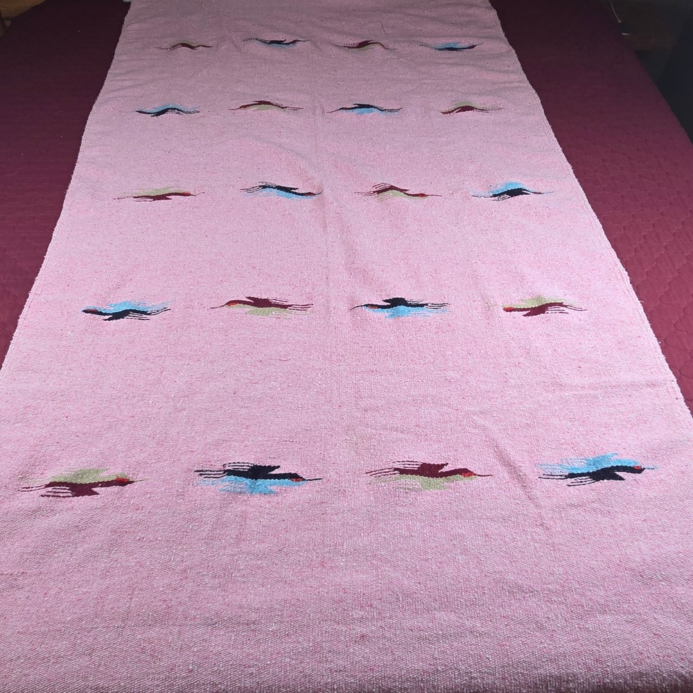 Thunderbird Aztec Southwest Blanket Rug Pink 77" x 45" Birds Knotted Weave VTG